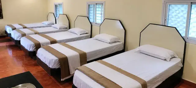 Eco-hut-style dormitory with a row of single beds