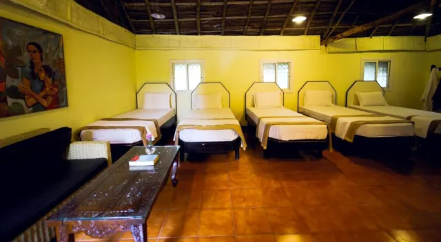 Eco-hut-style dormitory — a row of single beds under the thatched roof