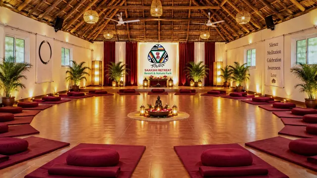 Meditation hall with floor cushions, lanterns and a Buddha at the centre