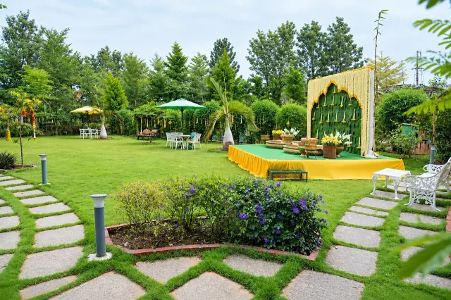 Landscaped lawn with an open-air stage