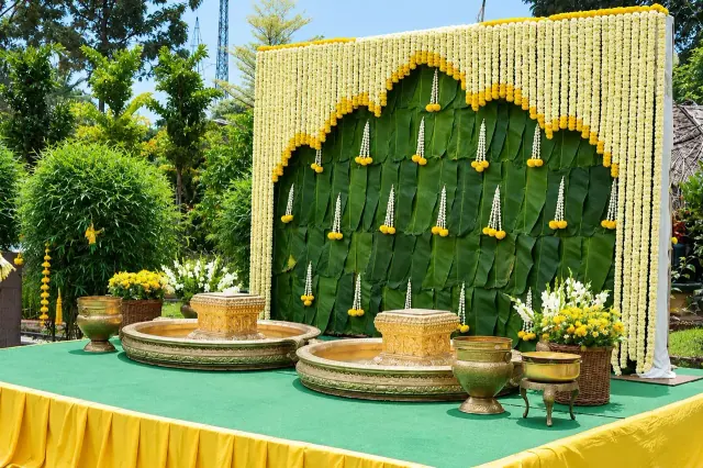 Marigold-decorated open-air stage