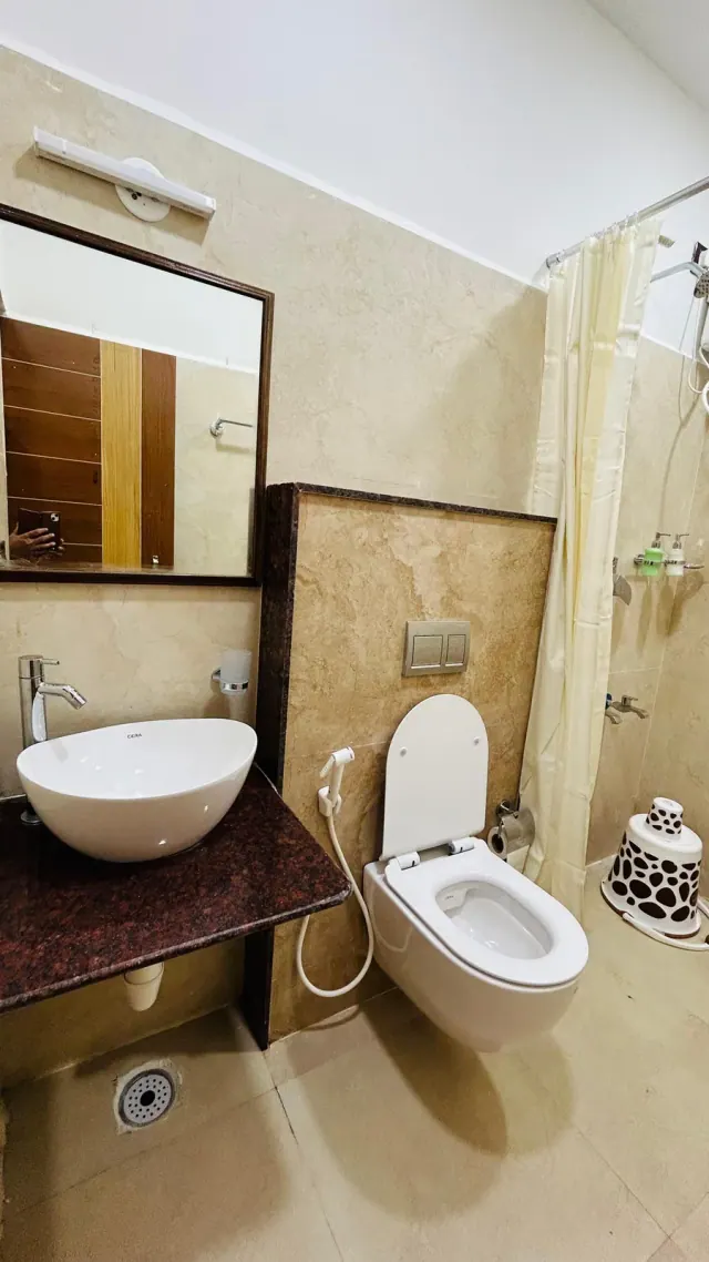 Premium AC Cottage — bathroom with a vessel basin and shower curtain