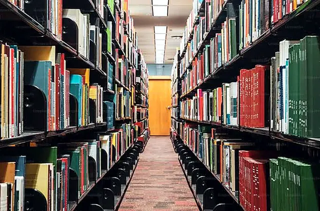 Aisle of bookshelves in the wisdom library
