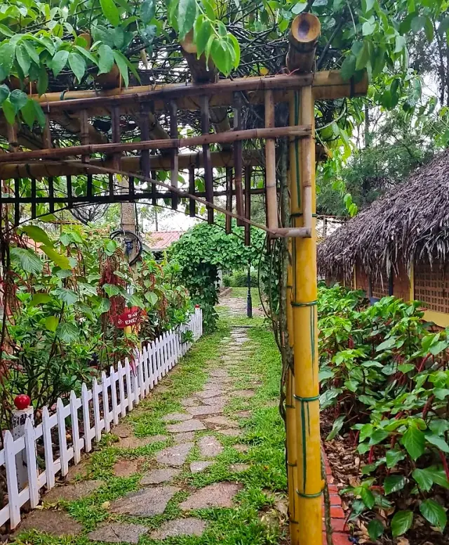 Bamboo pergola walkway through the Zen Garden